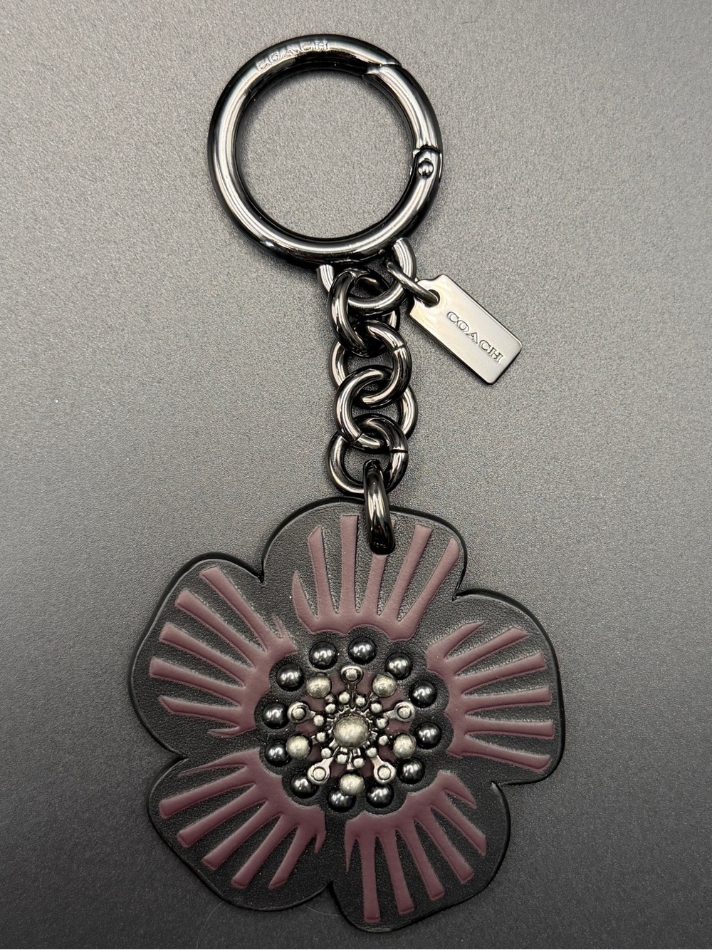 Coach Black Flower Leather Keyring with Metal Hardware